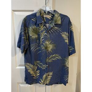 Tommy Bahama  Button Shirt Men's Size L Dark Blue W/ Palm Shirt Sleeve 100% Silk
